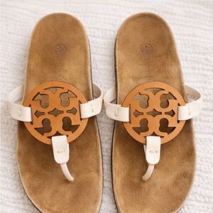 Tory Burch Miller Sandals Classic Tan Logo Cream Leather Women’s Size 5